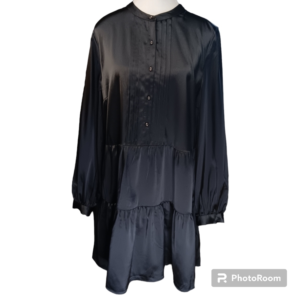 NWT The Drop Highlowluxxe Black Sateen Tiered Babydoll Dress Women's Size M